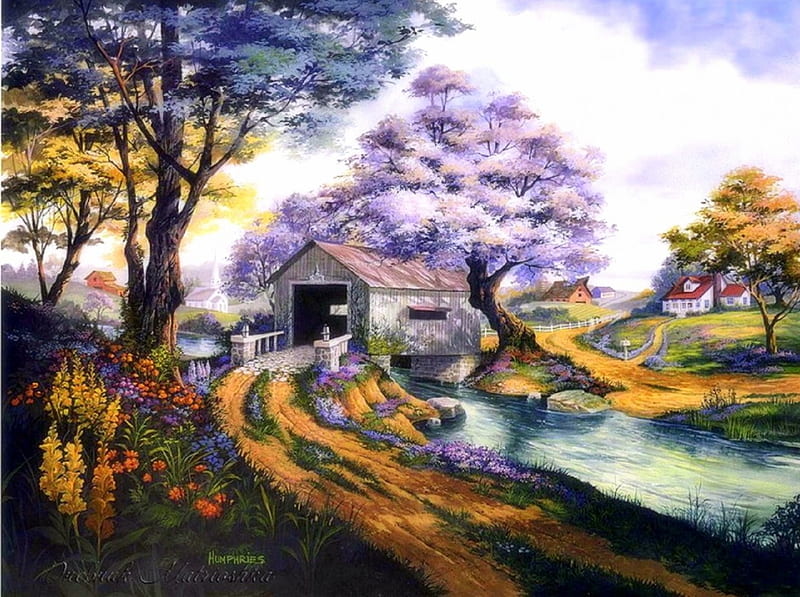 Country Reflections, rural, draw and paint, bridges, love four seasons, spring, trees, canals, roads, flowers, HD wallpaper
