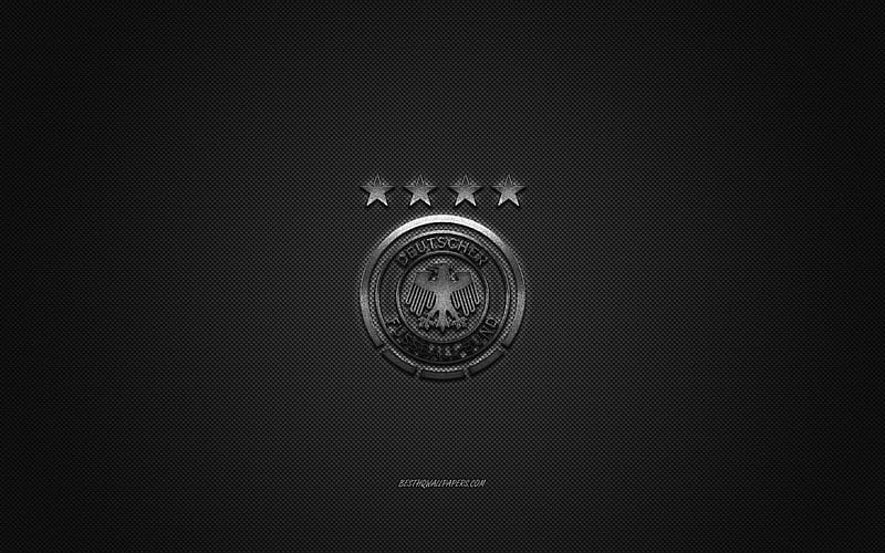 Germany national football team, emblem, UEFA, silver logo, gray fiber background, Germany football team logo, football, Germany, HD wallpaper