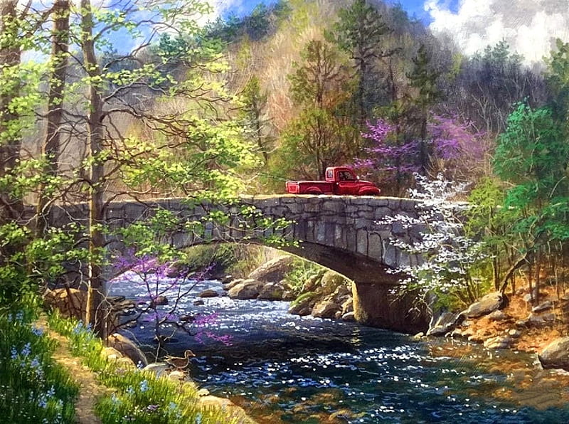 Fishing Trips, bridges, love four seasons, trips, spring, attractions in dreams, paintings, pick up, nature, rivers, HD wallpaper