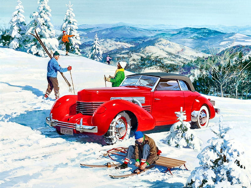 1937 Cord With Skiers F1C, slopes, skiers, bonito, illustration, artwork, automobile, painting, auto, wide screen, scenery, art, winter, carros, snow, mountains, four seasons, landscape, HD wallpaper