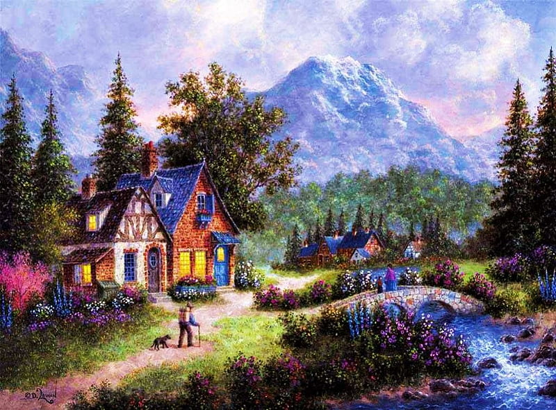 Bear Mountain, bridge, cottage, flowers, path, creek, trees, landscape, HD wallpaper