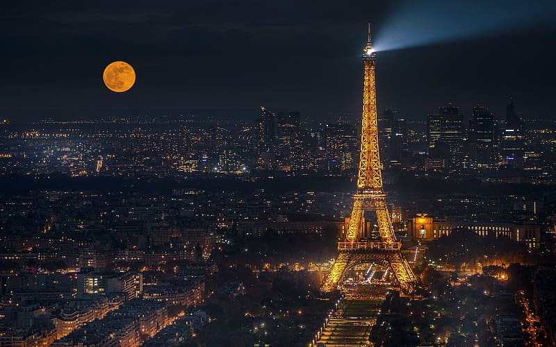 Night, Moon, Paris, Eiffel Tower, Monuments, City, Building, France, Cityscape, HD wallpaper