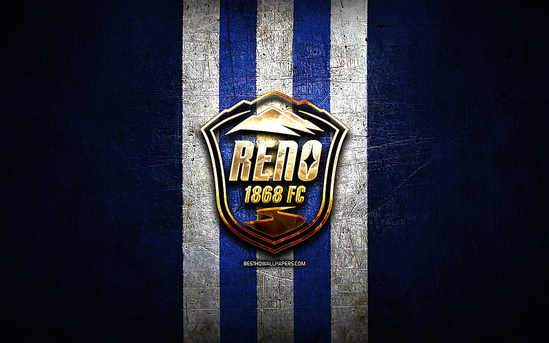 Reno FC, golden logo, USL, blue metal background, american soccer club, United Soccer League, Reno FC logo, soccer, USA, HD wallpaper