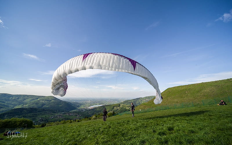 Start of Paragliding, hills, Poland, sky, paraglider, HD wallpaper