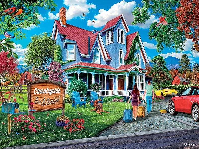 Bed & Breakfast, road, cottage, cars, artwork, painting, trees, HD wallpaper