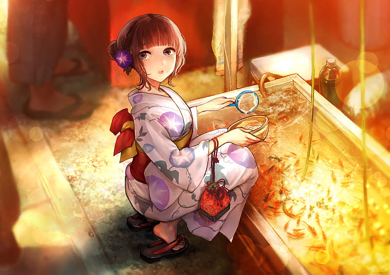 kimono, anime girl, festival, fishes, Anime, HD wallpaper