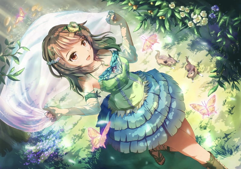 Dance of Midori, pretty, dress, bonito, sweet, nice, butterfly, green, anime, beauty, anime girl, long hair, forest, female, lovely, gown, smile, smiling, happy, girl, squirel, scarf, nature, lady, maiden, HD wallpaper