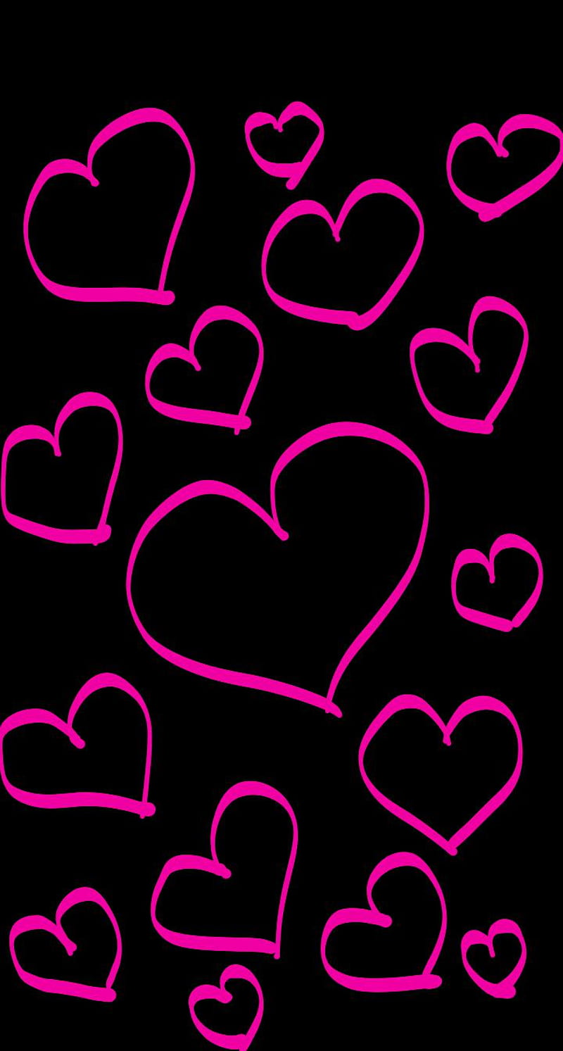 Pink hearts, black, drawing, glowing, corazones, love, neon, pink, HD phone wallpaper