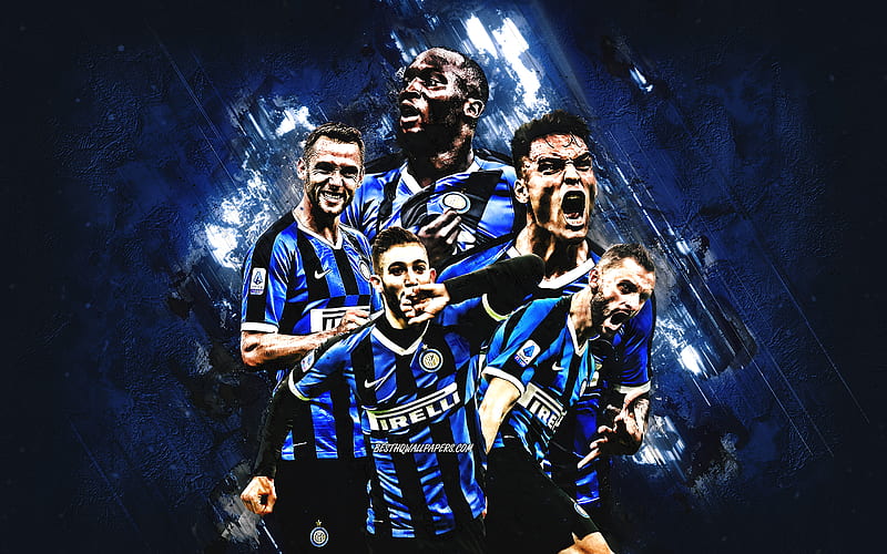 FC Internazionale, Inter Milan, italian football club, Milan, Italy, football, blue stone background, Serie A, football players, Lautaro Martinez, Romelu Lukaku, HD wallpaper