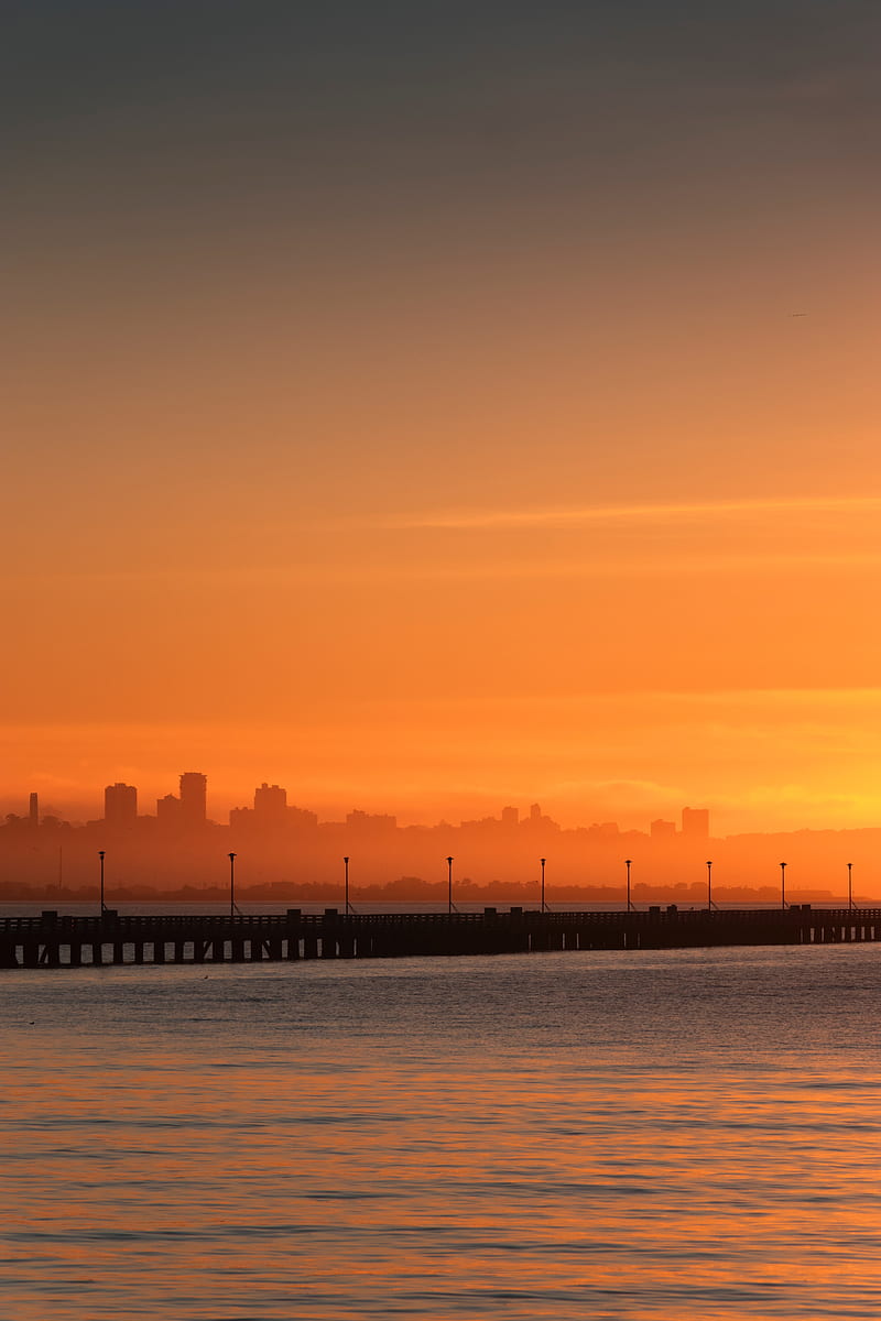 bridge, city, fog, dusk, sunset, HD phone wallpaper