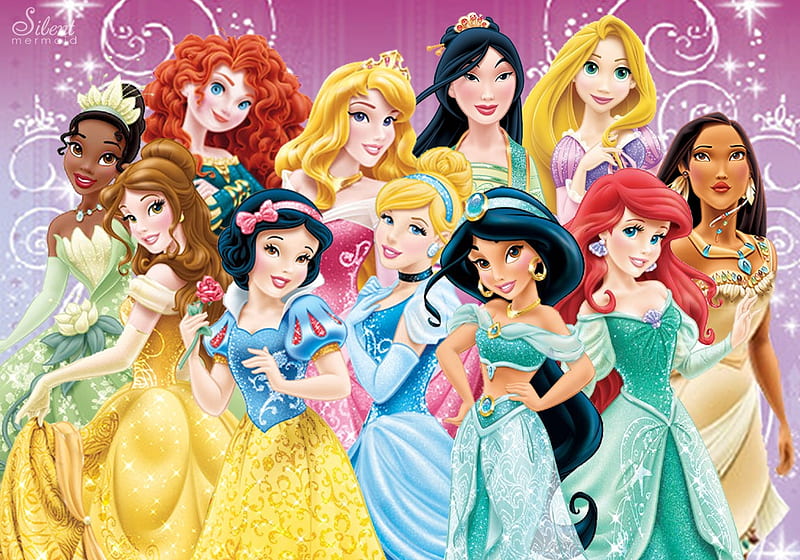 Disney princesses, fantasy, girl, ariel, aurora, belle, cinderella, disney, pocahontas, jasmine, merida, HD wallpaper