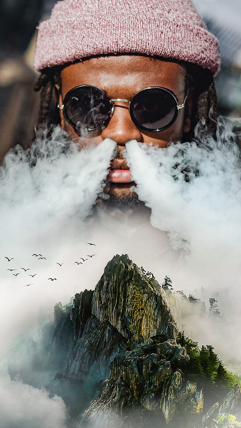 smoker, Circlestances, birds, mountain, smoke, surreal, vape, HD phone wallpaper
