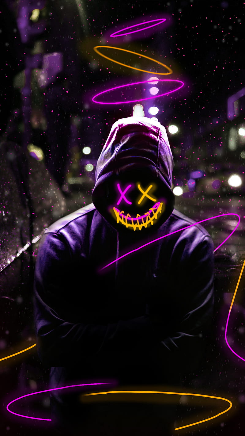 Neon Mask, hoodie, man, neon city, purple, yellow, HD phone wallpaper
