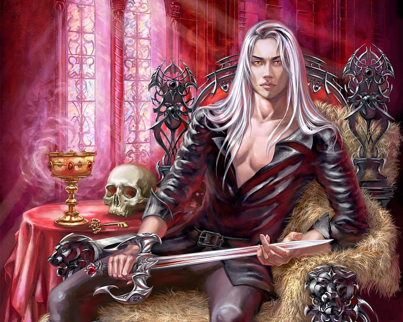 Vampire Prince, vampire, goblet, skull, sword, key, HD wallpaper