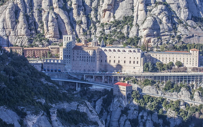 Religious, Abbey, Catalonia, Monastery, Mountain, Rock, Santa Maria de Montserrat Abbey, Spain, HD wallpaper