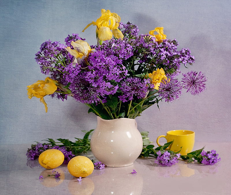 Spring for Dreamer-girl Luiza, ceramic, yellow, vase, bonito, spring, lilacs, fruit, still life, purple, cup, flowers, petals, lemons, iris, HD wallpaper