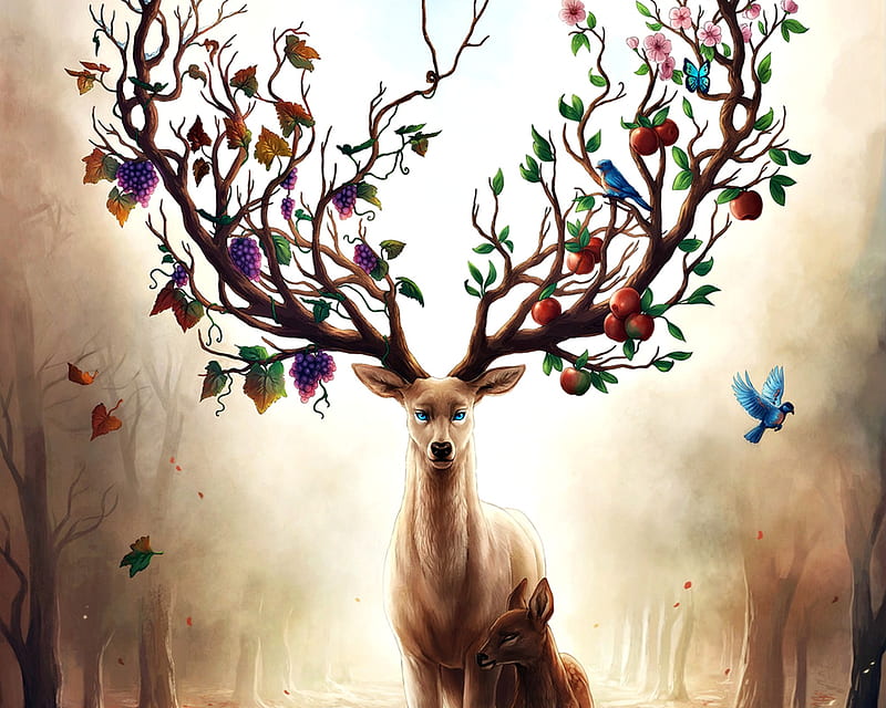 Seasons change, art, luminos, jojoesart, sason, deer, horns, fantasy, butterfly, bird, flower, HD wallpaper