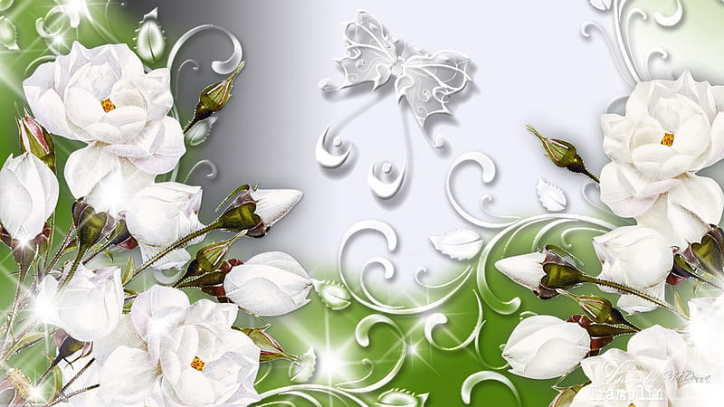 White Rose Shine, fragrant, shine, spring, roses, wedding, buds, silver, butterfly, embelishments, summer, white, HD wallpaper