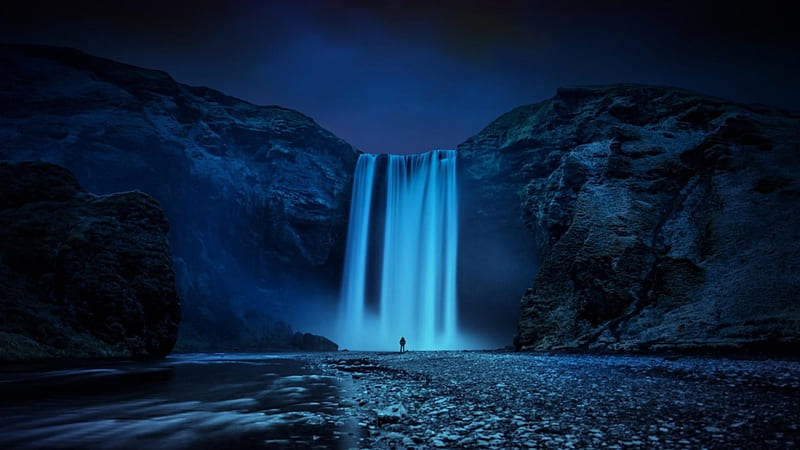 Beautiful waterfall, mountain, waterfall, beauty, nature, lake, night, HD wallpaper