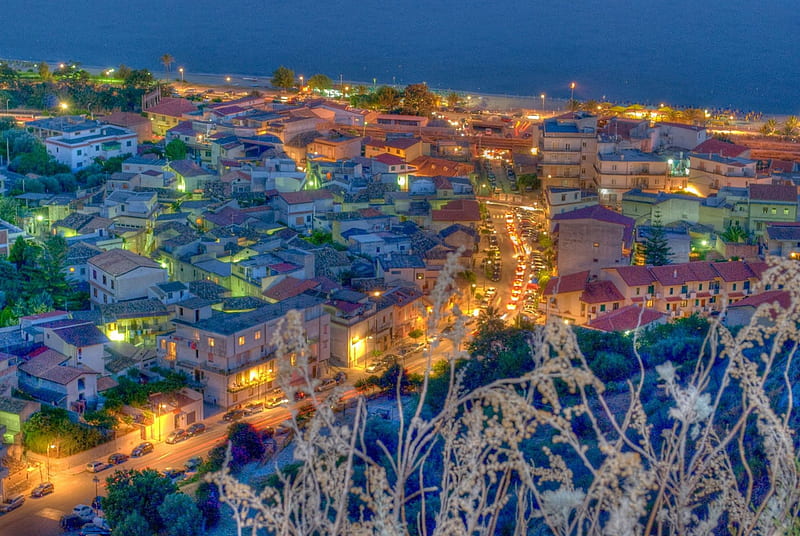 Roccella jonica Italy by night r, weeds, night, light, town, HD ...