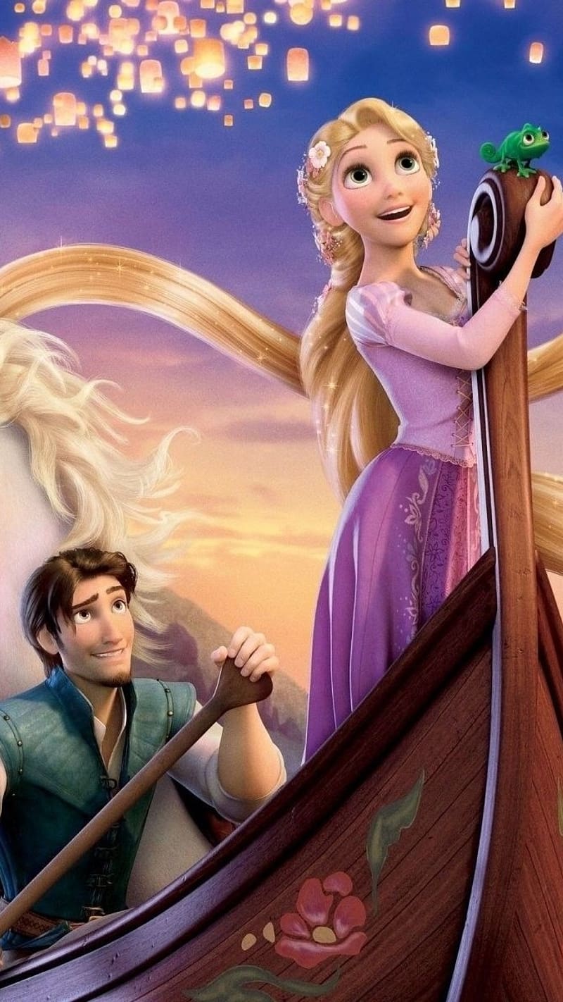 All Disney Princess, Rapunzel On Boat, animated, flynn rider, HD phone wallpaper