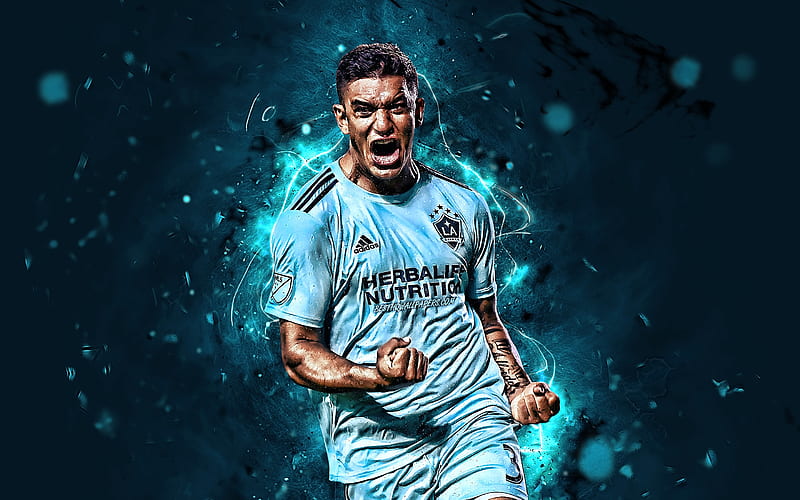 Diego Polenta, uruguayan footballers, Los Angeles Galaxy FC, soccer, MLS, Diego Fabian Polenta Musetti, abstract art, neon lights, LA Galaxy, creative, HD wallpaper