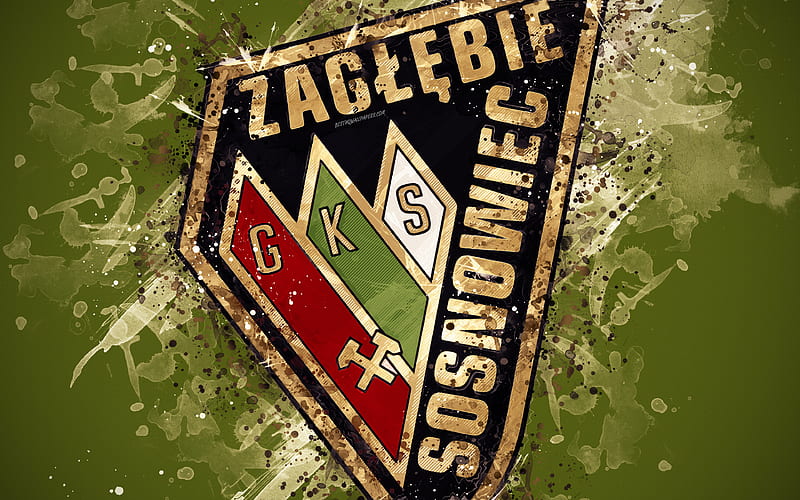 Zaglebie Sosnowiec paint art, logo, creative, Polish football team, Ekstraklasa, emblem, green background, grunge style, Sosnowiec, Poland, football, HD wallpaper