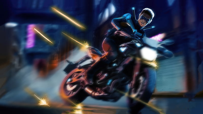 Nightwing Bike , nightwing, superheroes, artwork, artist, artstation, HD wallpaper