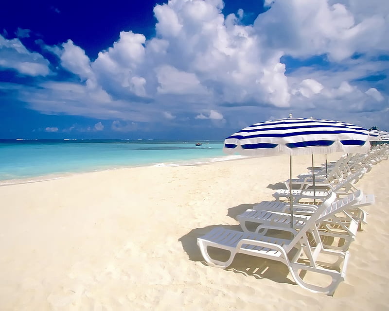sunny beach, umbrellas, greece, sun, sunny, bonito, sky, clouds, sea, beach, sand, lounge chair, relaxing, HD wallpaper