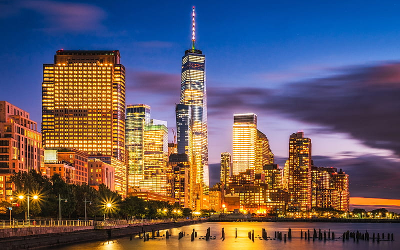 World Trade Center 1, New York, skyscrapers, city lights, sunset, evening, USA, Manhattan, HD wallpaper