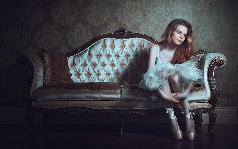 Beautiful ballerina, ballerina, model, sad, sofa, woman, HD wallpaper
