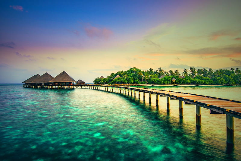 Sunrise Paradise, resort, dive, Maldives, travel, bonito, palm trees, sea, beach, summer, boardwalk, sunrise, island, tropical, HD wallpaper