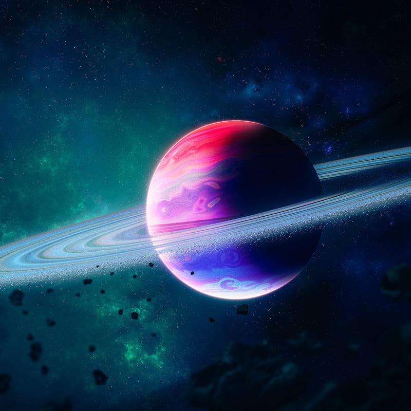 Pulvis, XioxGraphix, asteroid, blue, dark, gas giant, pink, planet, red, ring, space, stars, HD phone wallpaper