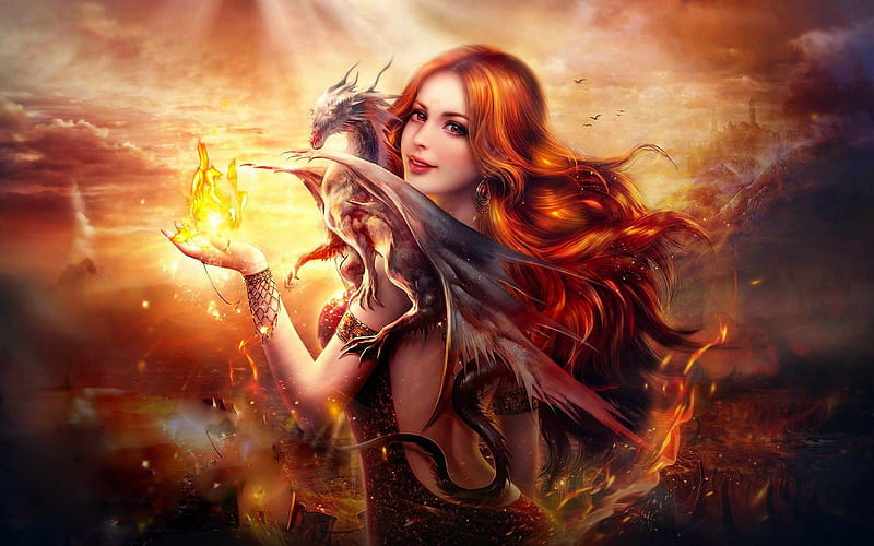 Fantasy Girl Dragon Fire, dragon, fantasy, artist, digital-art, fire, fantasy-girls, HD wallpaper