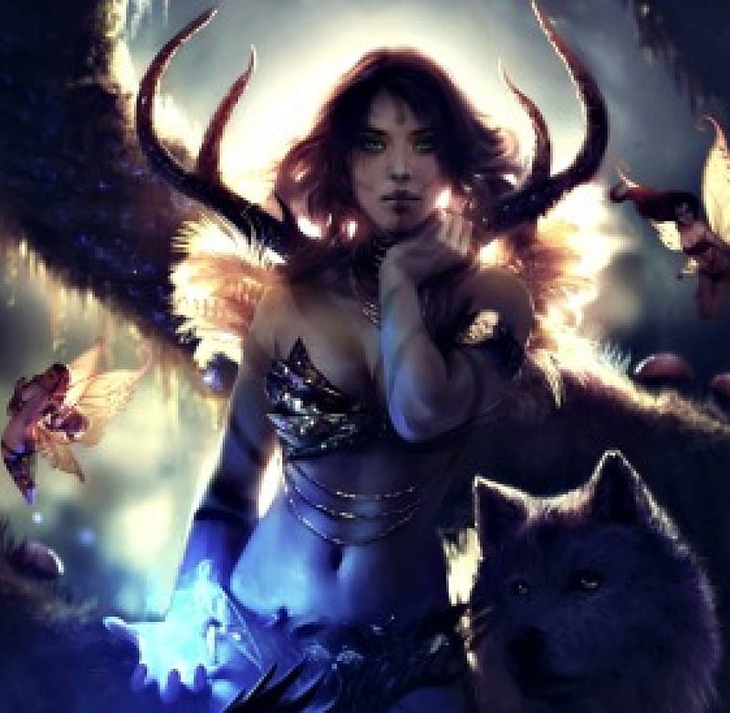 Goddess of the sacred forest, art, luminos, goddess, sacred forest, woman, horns, fantasy, girl, dark, wojtek fus, magical, wolf, fairy, light, blue, HD wallpaper