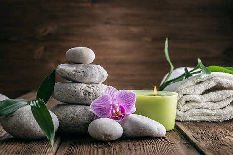 Spa accessories, Hot stones, Bamboo, Candle, Flower, Orchid, HD wallpaper