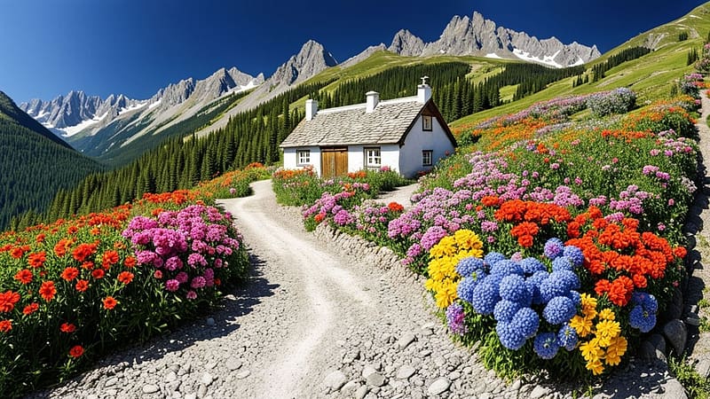 Wide Road with colorful flowers, szeles ut, viragok, taj, erdo, hegy, szines viragok, tajkep, feher haziko, ret, fenyok, HD wallpaper