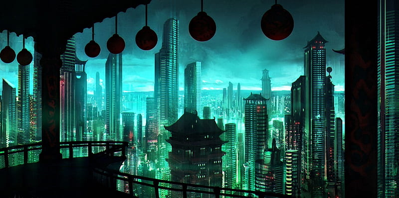 Neo Hong Kong cityline, art, blinck, lantern, luminos, buildings, black, fantasy, city, asian, blue, HD wallpaper