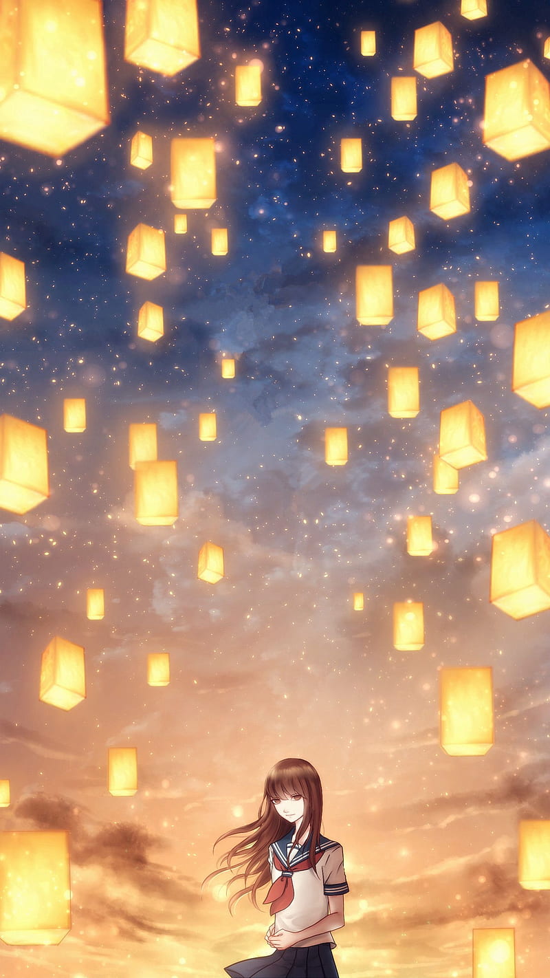 Girl, lanterns, sky, light, art, HD phone wallpaper | Peakpx