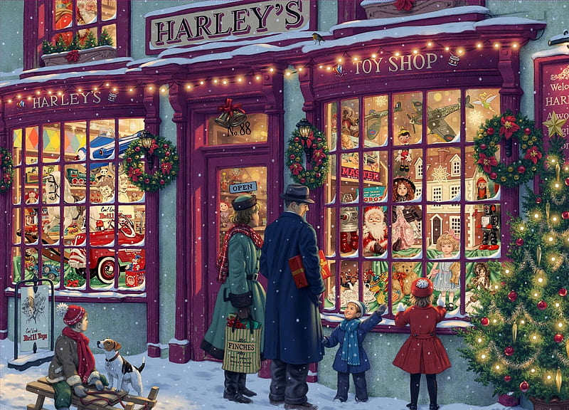The Toy Shop, copil, toy, children, shop, art, window, craciun, christmas, winter, santa, people, painting, pictura, HD wallpaper