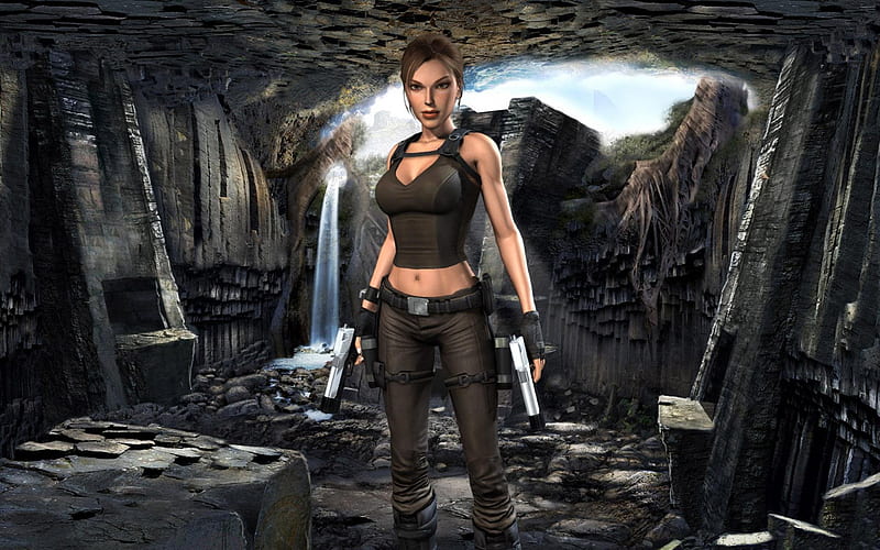 Lara Croft, games, female, video games, tomb raider, cave, weapons, guns, lone, waterfall, HD wallpaper
