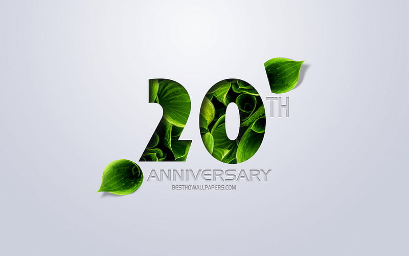 20th Anniversary sign, creative art, 20 Anniversary, green leaves, greeting card, 20 Years symbol, eco concepts, 20th Anniversary, HD wallpaper