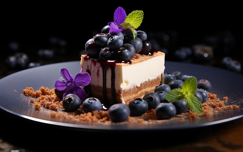 Cheesecake with Bilberries, AI art, cheesecake, plate, bilberries, HD wallpaper