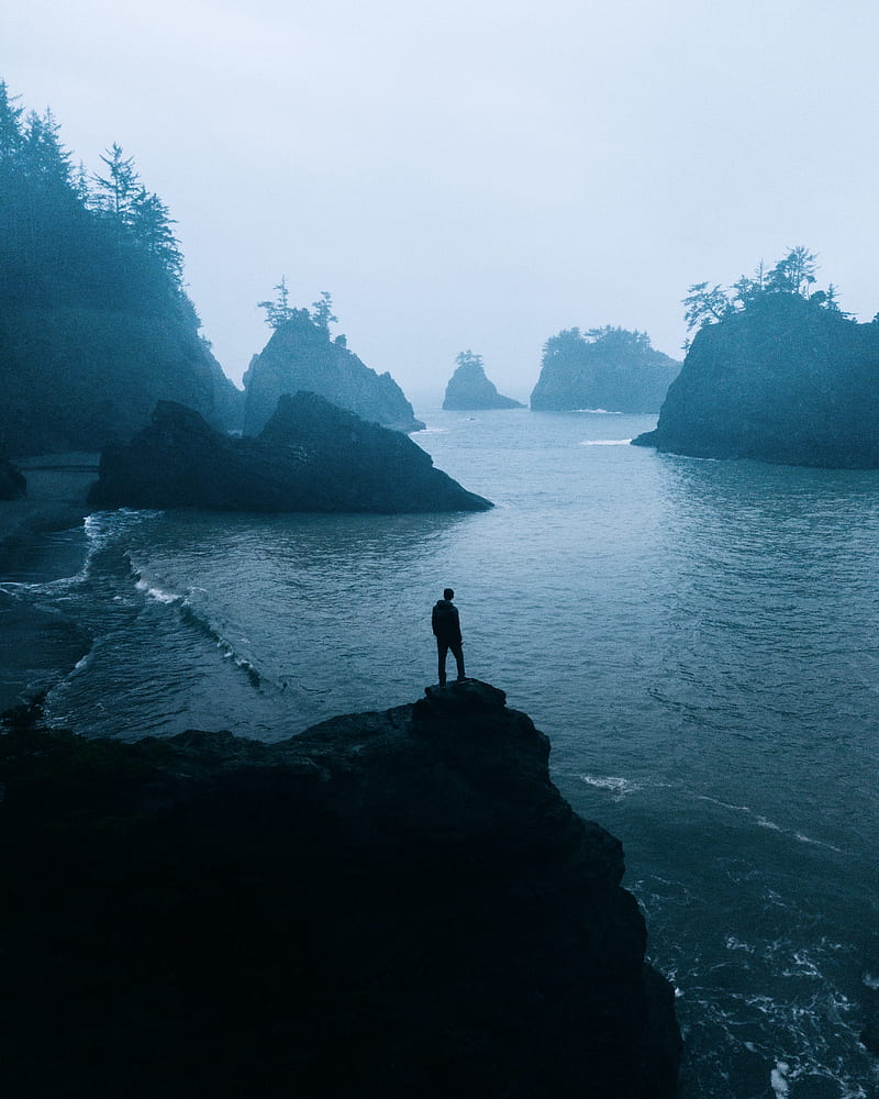 man, loneliness, alone, rocks, sea, fog, HD phone wallpaper