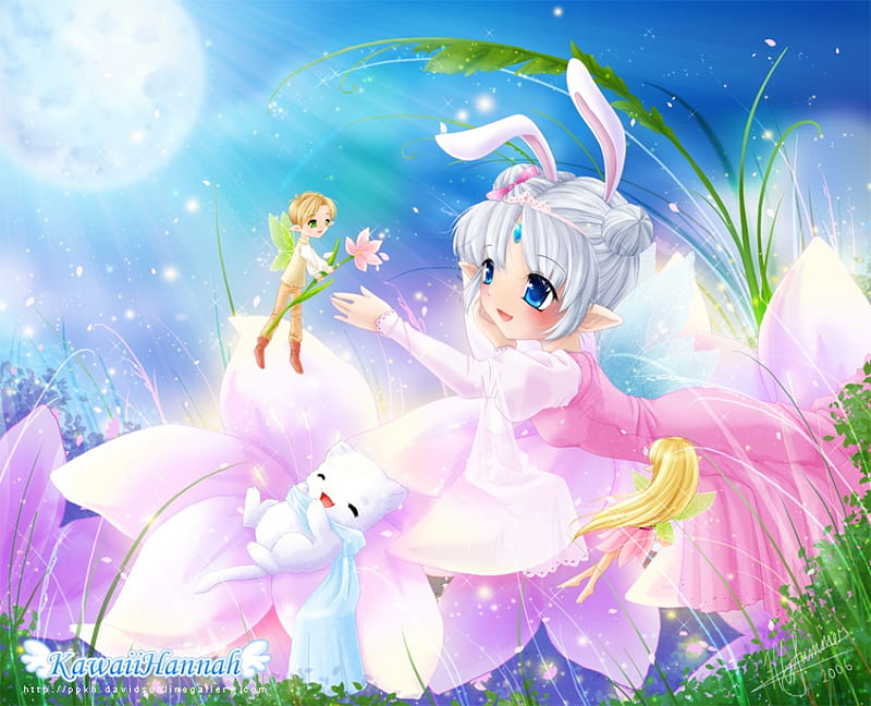 Kawaii Bunny, grass, children, wing, animal, pixie, kid, fantasy, anime, anime girl, child, fairy, rabbit, female, wings, cute, girl, bunny ear, flower, bunny, HD wallpaper