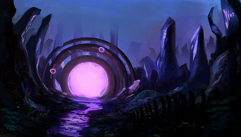 portal, ruins, glow, art, purple, HD wallpaper