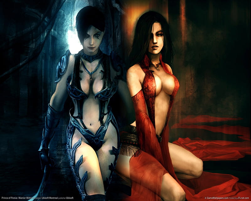 SHAEE & KAILEENA, red, pop ww, prince of persia, shaee, video game, game, queen, bonito, 2004, fantasy, kaileena, prince of persia warrior within, female, pop, black, warrior, girl, empress, princess, HD wallpaper