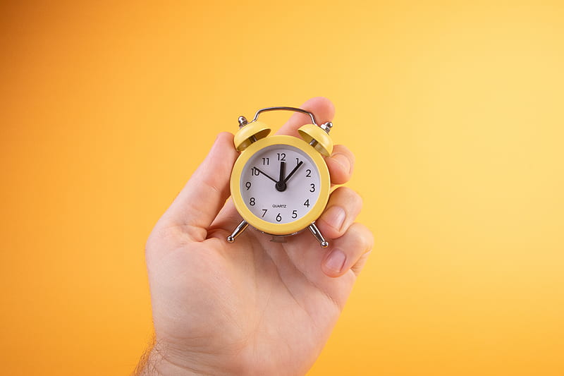 watch, alarm clock, time, hand, yellow, HD wallpaper