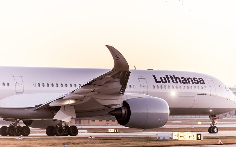 Airbus A350-900, Lufthansa, passenger plane, takeoff, airport, evening, sunset, air travel, HD wallpaper