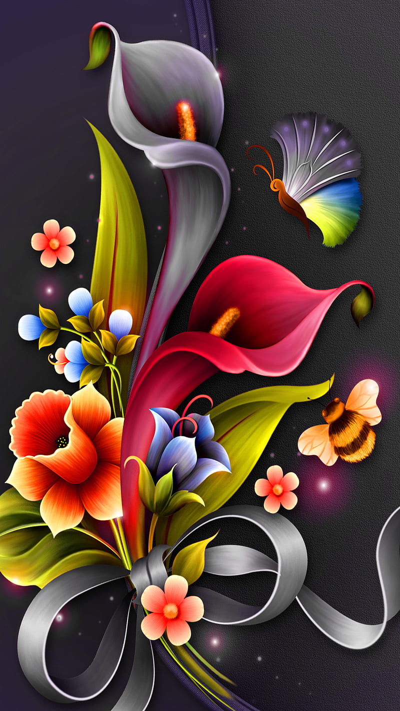 Flower Fantasy, abstract, art, bee, butterly, colorful, desenho, flowers, HD phone wallpaper